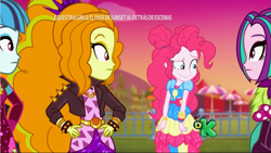 Size: 1281x720 | Tagged: safe, screencap, character:adagio dazzle, character:aria blaze, character:pinkie pie, character:sonata dusk, equestria girls:sunset's backstage pass, g4, my little pony:equestria girls, awkward smile, crying, discovery kids, spanish text, tears of pain