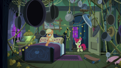 Size: 2400x1350 | Tagged: safe, screencap, character:apple bloom, character:applejack, species:earth pony, species:pony, episode:28 pranks later, g4, my little pony: friendship is magic, apple sisters, bed, bedroom, duo, female, filly, foal, frying pan, mare, night, pulley, rope, siblings, sisters, skateboard