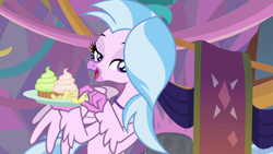 Size: 1280x720 | Tagged: safe, screencap, character:silverstream, episode:she's all yak, g4, my little pony: friendship is magic, bedroom eyes, chips, cupcake, food, solo