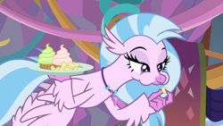 Size: 1280x720 | Tagged: safe, screencap, character:silverstream, episode:she's all yak, g4, my little pony: friendship is magic, bedroom eyes, chips, cupcake, food, solo