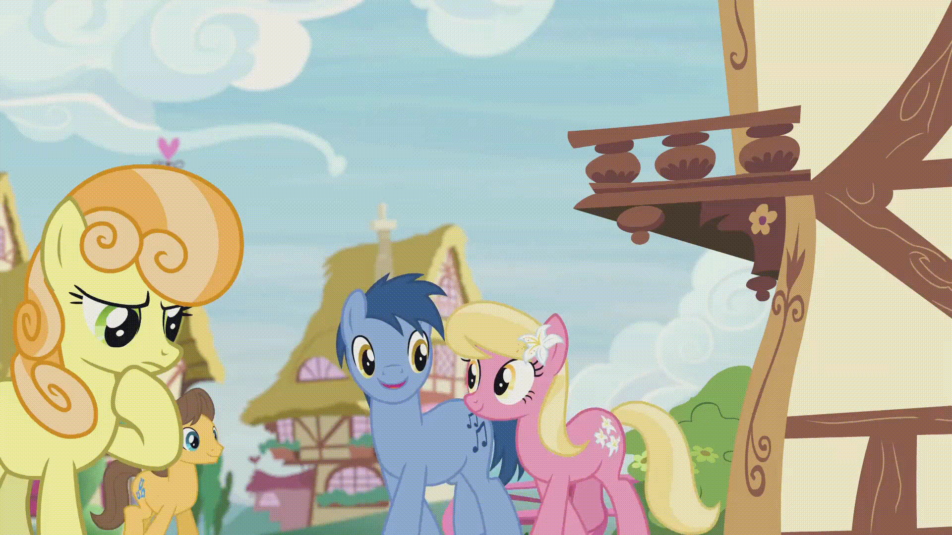 Size: 1920x1080 | Tagged: safe, screencap, character:angel bunny, character:blues, character:caramel, character:fluttershy, character:junebug, character:lily, character:lily valley, character:linky, character:noteworthy, character:shoeshine, species:earth pony, species:pegasus, species:pony, episode:she talks to angel, g4, my little pony: friendship is magic, animated, body swap, female, gif, hoofy-kicks, horses doing horse things, male, mare, rearing, stallion