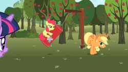 Size: 1280x720 | Tagged: safe, screencap, character:apple bloom, character:applejack, character:twilight sparkle, character:twilight sparkle (unicorn), species:earth pony, species:pony, species:unicorn, episode:the super speedy cider squeezy 6000, g4, my little pony: friendship is magic, angry, animated, apple, apple tree, bucking, confused, derp, determined, dizzy, faint, female, filly, food, offscreen character, punching bag, smiling, sound, tree, webm