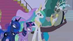 Size: 1920x1080 | Tagged: safe, screencap, character:discord, character:princess celestia, character:princess luna, character:twilight sparkle, character:twilight sparkle (alicorn), species:alicorn, species:draconequus, species:pony, episode:the summer sun setback, g4, my little pony: friendship is magic, animated, annoyed, canterlot, celestia is not amused, crown, ethereal mane, female, floating, flowing mane, folded wings, jewelry, lidded eyes, luna is not amused, mare, night, regalia, sound, thunder, twilight is not amused, unamused, webm, wings