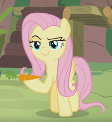 Size: 603x659 | Tagged: safe, screencap, character:angel bunny, character:fluttershy, species:pegasus, species:pony, episode:she talks to angel, g4, my little pony: friendship is magic, body swap, carrot, cropped, evil grin, female, food, grin, lidded eyes, mare, raised eyebrow, smiling, smirk, solo