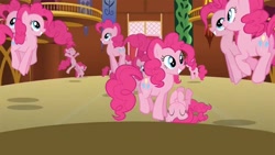Size: 800x450 | Tagged: safe, screencap, species:earth pony, species:pony, episode:too many pinkie pies, g4, my little pony: friendship is magic, clone, pinkie clone, pronking