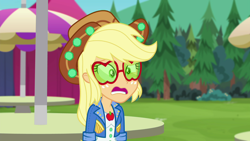 Size: 1920x1080 | Tagged: safe, screencap, character:applejack, episode:accountibilibuddies, g4, my little pony:equestria girls, accountibilibuddies: snips, applejack's festival hat, applejack's sunglasses, clothing, cowboy hat, eye twitch, faec, hat, jacket, shocked, solo, stetson, stunned, table