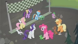 Size: 800x450 | Tagged: safe, screencap, character:angel bunny, character:applejack, character:fluttershy, character:gummy, character:opalescence, character:owlowiscious, character:pinkie pie, character:rainbow dash, character:rarity, character:spike, character:tank, character:twilight sparkle, character:winona, species:dragon, species:earth pony, species:pegasus, species:pony, species:unicorn, episode:may the best pet win, g4, my little pony: friendship is magic, female, finish line, laughing, male, mane seven, mare