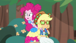 Size: 1920x1080 | Tagged: safe, screencap, character:applejack, character:pinkie pie, episode:accountibilibuddies, g4, my little pony:equestria girls, accountibilibuddies: pinkie pie, animated, applejack's sunglasses, boots, bush, clothing, confused, cunning plan, geode of sugar bombs, grin, hand on cheek, hand on chin, hand on shoulder, hand rubbing, hat, implied dirk thistleweed, looking at each other, looking at someone, magical geodes, pointing, raised eyebrow, running, shifty eyes, shoes, sitting, smiling, sneakers, sound, stockings, sunglasses, thigh highs, tree, tree stump, webm, zoom in