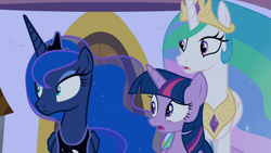 Size: 1920x1080 | Tagged: safe, screencap, character:princess celestia, character:princess luna, character:twilight sparkle, character:twilight sparkle (alicorn), species:alicorn, species:pony, episode:the summer sun setback, g4, my little pony: friendship is magic, canterlot, canterlot castle, confused, crown, ethereal mane, eyeshadow, female, flowing mane, folded wings, frown, jewelry, looking at something, makeup, mare, night, open mouth, raised eyebrow, regalia, royal sisters, shocked, shrunken pupils, siblings, sisters, trio, wings