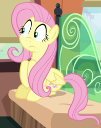 Size: 911x1156 | Tagged: safe, screencap, character:fluttershy, species:pegasus, species:pony, episode:buckball season, g4, my little pony: friendship is magic, cropped, female, friendship express, mare, sitting, solo, worried