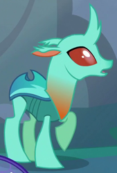 Size: 328x486 | Tagged: safe, screencap, species:changeling, species:reformed changeling, episode:to change a changeling, g4, my little pony: friendship is magic, background changeling, cornicle, cropped, raised hoof, solo
