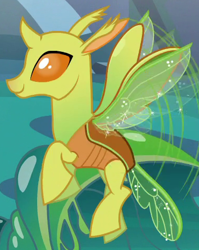Size: 380x477 | Tagged: safe, screencap, species:changeling, species:reformed changeling, episode:to where and back again, g4, my little pony: friendship is magic, background changeling, clypeus, cropped, flying, raised hoof, smiling, solo