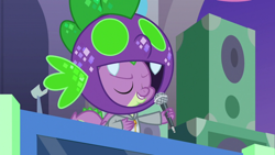 Size: 1920x1080 | Tagged: safe, screencap, character:spike, species:dragon, episode:she's all yak, g4, my little pony: friendship is magic, dj scales and tail, microphone, solo, winged spike