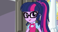 Size: 1280x718 | Tagged: safe, screencap, character:twilight sparkle, character:twilight sparkle (scitwi), species:eqg human, equestria girls:dance magic, g4, my little pony:equestria girls, bow tie, clothing, female, glasses, ponytail, solo, vest