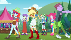 Size: 1280x720 | Tagged: safe, screencap, character:applejack, character:pinkie pie, character:rainbow dash, character:scribble dee, character:starlight, episode:accountibilibuddies, g4, my little pony:equestria girls, background human, clothing, dancing, duke suave, eyes closed, female, glasses, legs, male, pants, pantyhose, rainbow socks, shoes, shorts, sky, sneakers, socks, starlight, striped socks
