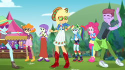 Size: 1280x720 | Tagged: safe, screencap, character:applejack, character:pinkie pie, character:rainbow dash, character:scribble dee, character:starlight, episode:accountibilibuddies, g4, my little pony:equestria girls, applejack's hat, background human, boots, clothing, cowboy boots, cowboy hat, dancing, dress, eyes closed, female, glasses, hat, legs, male, pantyhose, peppermint azure, shoes, sky, sneakers, socks, starlight