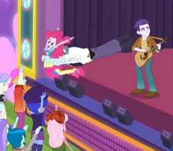 Size: 767x669 | Tagged: safe, screencap, character:aqua blossom, character:pinkie pie, episode:accountibilibuddies, g4, my little pony:equestria girls, accountibilibuddies: pinkie pie, acoustic guitar, background human, clothing, concert, dirk thistleweed, female, fry lilac, guitar, male, max steele, musical instrument, raspberry lilac, security guard, shoes, sneakers, snow flower, space camp (character), tackle, thunderbass