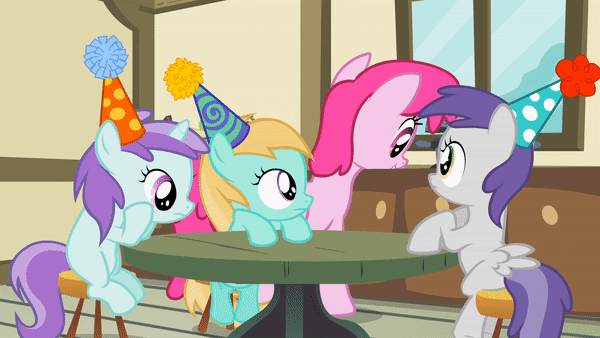 Size: 600x338 | Tagged: safe, screencap, character:berry punch, character:berryshine, character:liza doolots, character:petunia, character:tootsie flute, character:tornado bolt, species:earth pony, species:pegasus, species:pony, species:unicorn, episode:pinkie pride, g4, my little pony: friendship is magic, animated, background characters doing background things, background pony, clothing, female, filly, foal, hat, hay, hay bale, horses doing horse things, mare, mouth hold, party hat, rosy gold