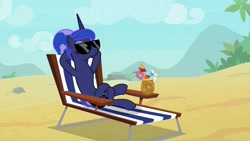 Size: 1920x1080 | Tagged: safe, screencap, character:princess luna, species:alicorn, species:pony, episode:between dark and dawn, g4, my little pony: friendship is magic, alternate hairstyle, barehoof, beach, beach chair, crossed legs, drink, eyelashes, eyes closed, eyeshadow, female, hair bun, hooves behind head, makeup, mare, reclining, relaxing, smiling, solo, sunglasses, tail bun, we don't normally wear clothes