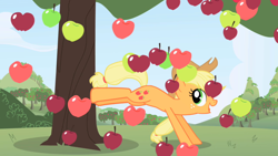 Size: 1280x720 | Tagged: safe, screencap, character:applejack, species:earth pony, species:pony, apple, apple tree, applebucking, food, opening, solo, theme song, tree