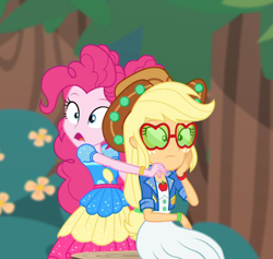 Size: 948x899 | Tagged: safe, screencap, character:applejack, character:pinkie pie, episode:accountibilibuddies, g4, my little pony:equestria girls, accountibilibuddies: pinkie pie, applejack's festival hat, applejack's sunglasses, duo, duo female, female, forest, sunglasses