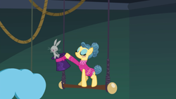 Size: 2400x1350 | Tagged: safe, screencap, character:trapeze star, species:earth pony, species:pony, species:rabbit, episode:viva las pegasus, g4, my little pony: friendship is magic, animal, bernard rabbit, clothing, duo, eyes closed, eyeshadow, female, hoof hold, leotard, magnetic hooves, makeup, male, mare, tail bun, trapeze