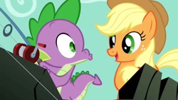 Size: 1280x720 | Tagged: safe, screencap, character:applejack, character:spike, species:dragon, species:earth pony, species:pony, episode:a dog and pony show, g4, my little pony: friendship is magic, clothing, cute, female, fishing rod, freckles, happy, hat, jackabetes, kissy face, looking at each other, male, mare, open mouth, smiling
