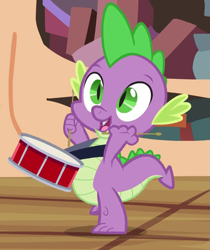 Size: 493x587 | Tagged: safe, screencap, character:spike, species:dragon, episode:testing testing 1-2-3, g4, my little pony: friendship is magic, baby, baby dragon, cheerful, child, cropped, cute, drums, fangs, golden oaks library, male, musical instrument, smiling, solo, spikabetes, toes