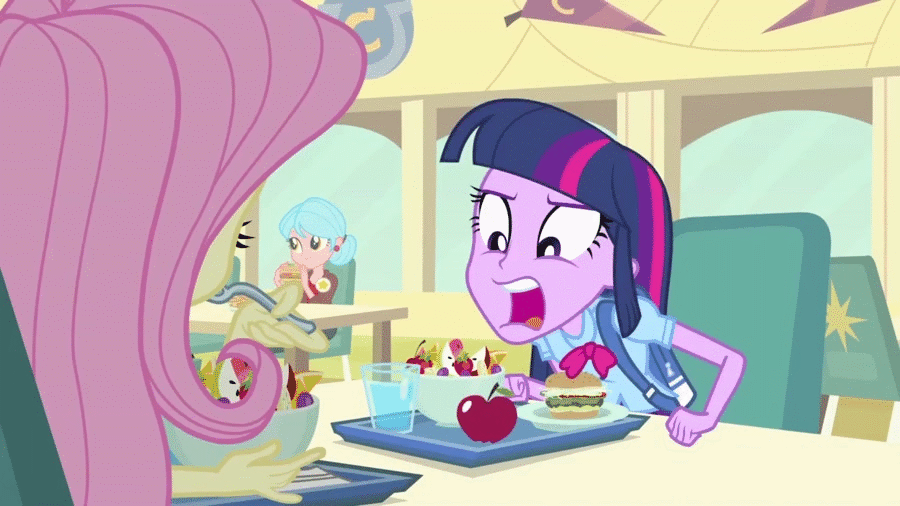Size: 900x506 | Tagged: safe, screencap, character:twilight sparkle, equestria girls:equestria girls, g4, my little pony:equestria girls, animated, apple, burger, eating, food, humans doing horse things, mouth hold, salad, solo