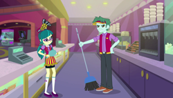Size: 1906x1080 | Tagged: safe, screencap, character:juniper montage, equestria girls:mirror magic, g4, my little pony:equestria girls, brim marco, broom, cash register, clothing, cup, female, glasses, hat, legs, male, pants, shoes