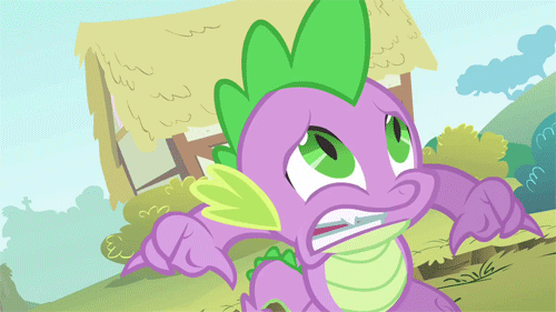 Size: 500x281 | Tagged: safe, screencap, character:spike, species:dragon, episode:feeling pinkie keen, g4, my little pony: friendship is magic, animated, fangs, male, open mouth, ponyville, reaction image, scared, screaming, solo, teeth