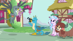 Size: 1920x1080 | Tagged: safe, screencap, character:gabby, character:gallus, character:silverstream, character:spike, character:yona, species:dragon, species:griffon, episode:dragon dropped, g4, my little pony: friendship is magic, camera, cute, diastreamies, female, gabbybetes, gallabetes, male, peace sign, shipping fuel, winged spike, yonadorable