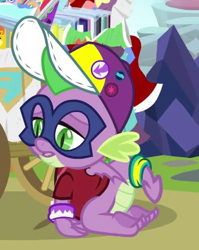 Size: 357x448 | Tagged: safe, screencap, character:humdrum, character:spike, species:dragon, episode:dragon dropped, episode:power ponies, g4, my little pony: friendship is magic, cap, claws, clothing, cropped, hat, male, mask, solo, tail, toes, winged spike, wings