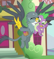Size: 696x751 | Tagged: safe, screencap, character:gabby, character:spike, species:dragon, species:griffon, episode:dragon dropped, g4, my little pony: friendship is magic, claws, cropped, eyes closed, female, flying, male, paws, peace sign, saddle bag, side hug, tail, winged spike, wings