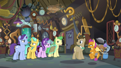 Size: 1280x720 | Tagged: safe, screencap, character:citrine spark, character:doctor whooves, character:fire quacker, character:huckleberry, character:november rain, character:smolder, character:starlight glimmer, character:time turner, species:dragon, species:earth pony, species:pony, species:unicorn, episode:a horse shoe-in, g4, my little pony: friendship is magic, doctor whooves' lab, dragoness, female, flameless fireworks, friendship student, magic, magic aura, male, mare, smolder is not amused, stallion, telekinesis, unamused