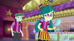 Size: 1920x1080 | Tagged: safe, screencap, character:juniper montage, equestria girls:mirror magic, g4, my little pony:equestria girls, brim marco, clothing, female, glasses, male, mirror, pants