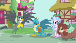 Size: 1280x720 | Tagged: safe, screencap, character:gabby, character:gallus, character:silverstream, character:spike, character:yona, species:dragon, species:griffon, species:hippogriff, species:yak, episode:dragon dropped, g4, my little pony: friendship is magic, chest fluff, claws, cute, diastreamies, female, flying, jewelry, necklace, paws, ponyville, saddle bag, tail, winged spike, wings, yonadorable