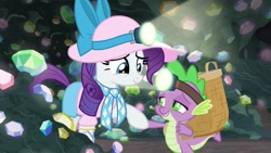 Size: 1280x720 | Tagged: safe, screencap, character:rarity, character:spike, species:dragon, species:pony, species:unicorn, episode:dragon dropped, g4, my little pony: friendship is magic, cave, clothing, female, gemstones, holding hands, holding hooves, male, shipping fuel, smiling, straight, winged spike