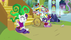 Size: 1920x1080 | Tagged: safe, screencap, character:humdrum, character:mane-iac, character:rarity, character:spike, species:dragon, species:pony, species:unicorn, episode:dragon dropped, episode:power ponies, g4, my little pony: friendship is magic, clothing, cosplay, costume, winged spike