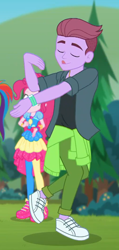 Size: 504x1055 | Tagged: safe, screencap, character:pinkie pie, character:rainbow dash, episode:accountibilibuddies, g4, my little pony:equestria girls, background human, clothing, cropped, dancing, duke suave, eyes closed, male, offscreen character, pants, shoes, sneakers