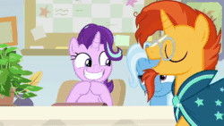 Size: 1920x1080 | Tagged: safe, screencap, character:phyllis, character:starlight glimmer, character:sunburst, character:trixie, species:pony, episode:a horse shoe-in, g4, my little pony: friendship is magic, animated, smiling, sound, starlight's office, webm