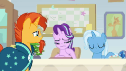 Size: 1920x1080 | Tagged: safe, screencap, character:phyllis, character:starlight glimmer, character:sunburst, character:trixie, species:pony, episode:a horse shoe-in, g4, my little pony: friendship is magic, animated, sound, squishy cheeks, starlight's office, webm