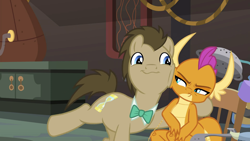 Size: 1920x1080 | Tagged: safe, screencap, character:doctor whooves, character:smolder, character:time turner, species:dragon, species:earth pony, species:pony, episode:a horse shoe-in, g4, my little pony: friendship is magic, bow tie, cheeks touching, claws, cutie mark, dragoness, duo, faec, female, horns, invention, laboratory, male, passionate, side hug, slit eyes, smolder is not amused, smoldere, stallion, teenaged dragon, teenager, tsundere, unamused, unimpressed