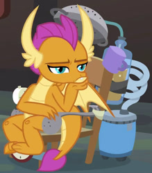 Size: 579x660 | Tagged: safe, screencap, character:smolder, species:dragon, episode:a horse shoe-in, g4, my little pony: friendship is magic, bored, claws, cropped, dragoness, faec, fangs, female, grumpy, hand on chin, horns, invention, kid, laboratory, narrowed eyes, pouting, slit eyes, smolder is not amused, solo, spread wings, teenaged dragon, teenager, toes, unamused, underbite, wings