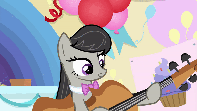 Size: 800x450 | Tagged: safe, screencap, character:octavia melody, species:earth pony, species:pony, episode:a horse shoe-in, g4, my little pony: friendship is magic, animated, balloon, cello, classroom, dexterous hooves, musical instrument, playing instrument, poster, school of friendship, solo, table