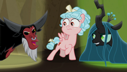 Size: 1920x1080 | Tagged: safe, screencap, character:cozy glow, character:lord tirek, character:queen chrysalis, species:centaur, species:changeling, species:pegasus, species:pony, episode:frenemies, g4, my little pony: friendship is magic, beard, better way to be bad, bow, changeling queen, cozybetes, crown, cute, cutie mark, displeased, evil lair, facial hair, fangs, female, filly, foal, former queen chrysalis, freckles, grin, grogar's lair, hair bow, horns, jewelry, lair, legion of doom, long neck, mocking, nose piercing, nose ring, piercing, raised hoof, regalia, singing, smiling, spotlight, spread wings, tail bow, trio, wide eyes, wings