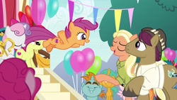 Size: 1920x1080 | Tagged: safe, screencap, character:apple bloom, character:mane allgood, character:pinkie pie, character:scootaloo, character:snails, character:snap shutter, character:snips, character:sweetie belle, character:tulip swirl, species:earth pony, species:pegasus, species:pony, species:unicorn, episode:the last crusade, g4, my little pony: friendship is magic, balloon, clothing, colt, cutie mark, cutie mark crusaders, faec, falling with style, female, filly, foal, hat, male, mare, mid-blink screencap, scootaloo's parents, shirt, stallion, the cmc's cutie marks