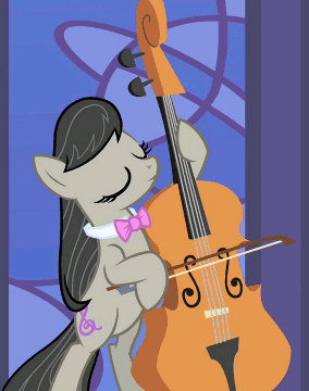 Size: 284x360 | Tagged: safe, screencap, character:octavia melody, species:earth pony, species:pony, episode:the best night ever, g4, my little pony: friendship is magic, season 1, animated, artifact, bipedal, bow tie, cello, cropped, eyes closed, female, gif, hoof hold, mare, musical instrument, smiling, solo, standing