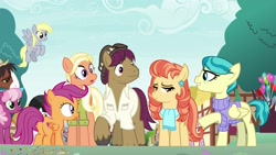 Size: 1920x1080 | Tagged: safe, screencap, character:aunt holiday, character:auntie lofty, character:cheerilee, character:derpy hooves, character:mane allgood, character:scootaloo, character:snap shutter, character:trouble shoes, species:pegasus, species:pony, episode:the last crusade, g4, my little pony: friendship is magic, balloon, cutie mark, outdoors, scootaloo's parents, the cmc's cutie marks