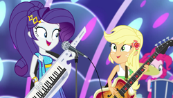 Size: 1920x1080 | Tagged: safe, screencap, character:applejack, character:pinkie pie, character:rarity, equestria girls:spring breakdown, g4, my little pony:equestria girls, all good (song), bass guitar, drums, geode of super strength, keytar, magical geodes, microphone, musical instrument, sleeveless